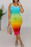 Casual Ombre Rainbow Print V Neck Sleeveless Wrapped Skirt Bodycon Midi Dresses