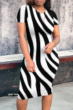 Casual Striped Print Contrast O Neck Short Sleeve Bodycon Midi Dress