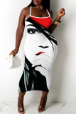 Sexy Face Print Backless Sleeveless Spaghetti Strap Cami Bodycon Midi Dresses