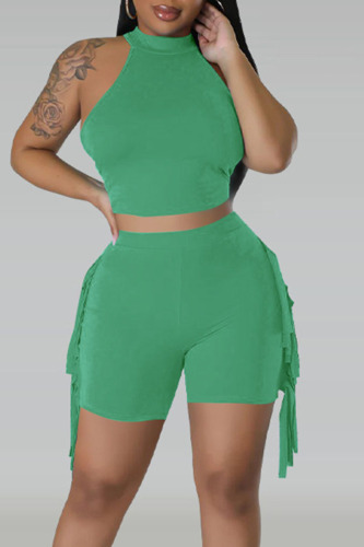 Green Casual Solid Tassel Patchwork O Neck Sleeveless Two Pieces