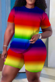 Casual Stripe Print O Neck Short Sleeve Oversize T Shirt and Shorts Two Pieces  Shorts Set