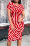 Casual Striped Print Contrast O Neck Short Sleeve Bodycon Midi Dress