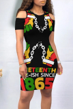 Casual Figure Letter Print O Neck Short Sleeve Cold Shoulder Bodycon Midi Dresses