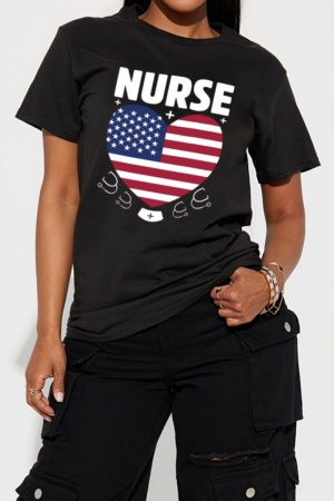 Casual American Letter Flag Strar Print Short Sleeve O Neck T-Shirts Tops