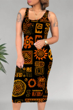Casual Geometric Print U Neck Sleeveless Bodycon Midi Tank Dresses