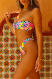 Sexy Floral Print Backless Lace Up Bikini Sets Vacation Beach Two Pieces Swimwears (With Paddings)