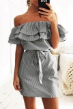 Casual Striped Print Backless Off Shoulder Ruffle Hem Wit Belt Vacation Midi Dresses