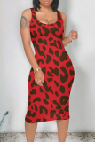 Casual Leopard Print U Neck Sleeveless Bodycon Midi Tank Dresses