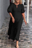 Casual O Neck Hubble-Bubble Sleeve Hollow Out Long Vacation Loose Midi Dresses