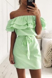 Casual Striped Print Backless Off Shoulder Ruffle Hem Wit Belt Vacation Midi Dresses
