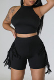 Green Casual Solid Tassel Patchwork O Neck Sleeveless Two Pieces