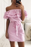 Casual Striped Print Backless Off Shoulder Ruffle Hem Wit Belt Vacation Midi Dresses