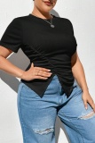 Casual O Neck Short Sleeve Front Slit Ruched Plus Size Fitted T Shirts