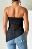 Sexy Backless Strapless Sleeveless Flowers Trim See-Through Irregular Hem Tube Tops