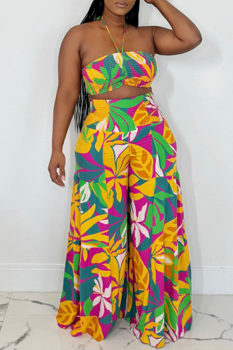 Casual Tropical Print Sleeveless Backless Halter Crop Tops And Wide Leg Pants Vacation Two Pieces Trouser Sets