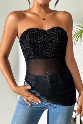 Sexy Backless Strapless Sleeveless Flowers Trim See-Through Irregular Hem Tube Tops