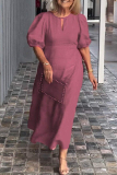 Casual O Neck Hubble-Bubble Sleeve Hollow Out Long Vacation Loose Midi Dresses