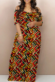 African Street Pattern Print Backless Off Shoulder Short Sleeves Long Floor Length Loose Maxi Dresses