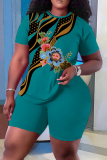 Casual Floral Print O Neck Short Sleeve T Shirt and Shorts Set Sportwear Plus Size Two Piece Matching Set