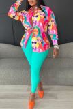 Casual Figure Print Polo Collar Twist Knotted Long Sleeve Shirt and Matching Pants Vacation Skinny Two Piece Pants Set
