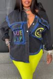 Casual Smiley Face Print Turndown Collar Long Sleeve Pockets Denim Jacket (Subject To The Actual Object)