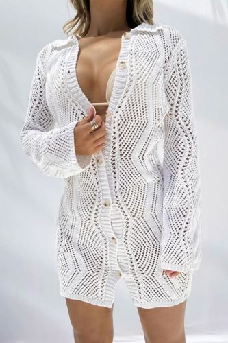 Knit Casual Turndown Collar Long Sleeves Hollow Out Buttons Cardigan Vacation Mini Dress