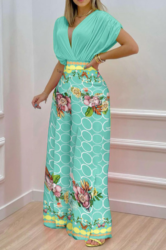 Casual Floral Print V Neck Short Sleeves Ruched Tops And Wide Leg Pants Plus Size Two Pieces Trouser Sets