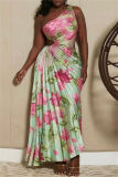 Casual Print Backless Sleeveless Oblique Collar One Shoulder Cut Out Irregular Pleated Hem Vacation Maxi Dress