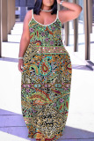Sexy Pattern Print Backless Spaghetti Strap Loose Floor Length Long Slip Maxi Dresses