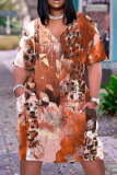 Casual Pattern Print V Neck Short Sleeve Loose Pockets Midi T-shirts Dress