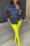 Casual Smiley Face Print Turndown Collar Long Sleeve Pockets Denim Jacket (Subject To The Actual Object)