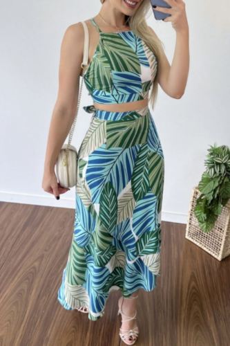 Casual Tropical Print Backless Spaghetti Strap Sleeveless Lace Up Cami Crop Tops And Midi Skirts Vacation Two Pieces Dress Sets Casual Tropical Print Backless Spaghetti Strap Sleeveless Lace Up Cami Crop Tops And Midi Skirts Vacation Two Pieces Dress Sets