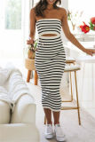 Sexy Striped Print Backless Strapless Sleeveless Hollow Out Vacation Tube Bodycon Midi Dresses
