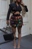 Casual Rainbow Color High Waist Night Club Feathers Decor One Step Party Mini Skirts