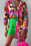 Casual Figure Print Polo Collar Twist Knotted Long Sleeve Shirt and Matching Pants Vacation Skinny Two Piece Pants Set