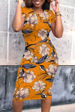 Casual Floral Print O Neck Short Sleeve Wrapped Skirt Plus Size Vacation Bodycon T Shirt Midi Dress
