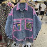 Casual Smiley Face Print Turndown Collar Long Sleeve Pockets Denim Jacket (Subject To The Actual Object)