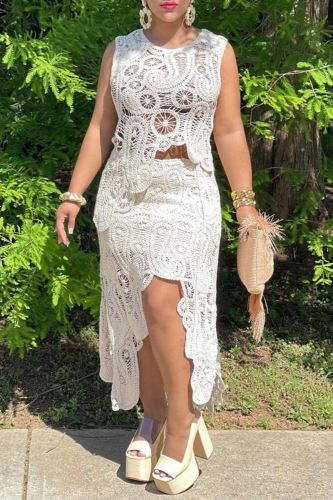Knit Casual O Neck Sleeveless Cut Out Irregular Hem See-Through Tank Tops And Midi Skirts Two Pieces Dress Sets