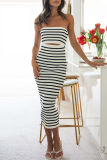 Sexy Striped Print Backless Strapless Sleeveless Hollow Out Vacation Tube Bodycon Midi Dresses