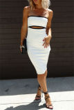 Sexy Striped Print Backless Strapless Sleeveless Hollow Out Vacation Tube Bodycon Midi Dresses