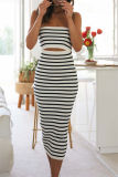 Sexy Striped Print Backless Strapless Sleeveless Hollow Out Vacation Tube Bodycon Midi Dresses