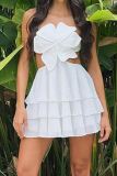 Flower Shape Backless Sleeveless Lace Up Cut Out Ruffle Tiered Hem Cake Skirt Party Halter Mini Dresses
