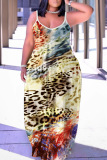 Sexy Pattern Print Backless Spaghetti Strap Loose Floor Length Long Slip Maxi Dresses