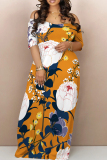 Casual Floral Print Off Shoulder Short Sleeves Pocket Loose Floor Length Long Maxi Dresses