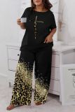Casual Leopard Print O Neck Short Sleeves Oversize T-shirt And Wide Leg Pants Plus Size Two Pieces Trouser Sets