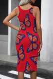 Casual Butterfly Print U Neck Sleeveless Contrast Bodycon Midi Tank Dresses