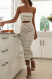 Sexy Striped Print Backless Strapless Sleeveless Hollow Out Vacation Tube Bodycon Midi Dresses