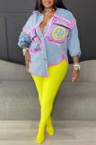 Casual Smiley Face Print Turndown Collar Long Sleeve Pockets Denim Jacket (Subject To The Actual Object)