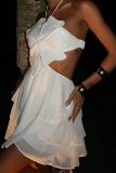 Flower Shape Backless Sleeveless Lace Up Cut Out Ruffle Tiered Hem Cake Skirt Party Halter Mini Dresses