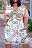 Casual African Graphic Print V Neck Short Sleeve Loose Plus Size Vacation T Shirt Midi Dress